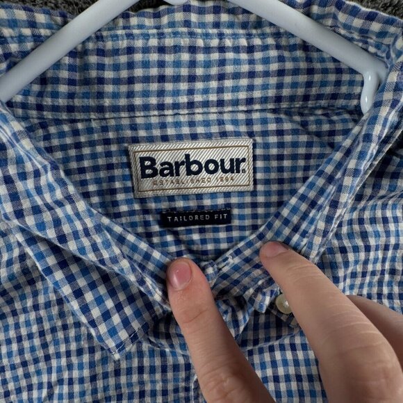 Barbour Short Sleeve Button Up Shirt Blue Check Tailored Fit Large US W/ Logo - Picture 7 of 10